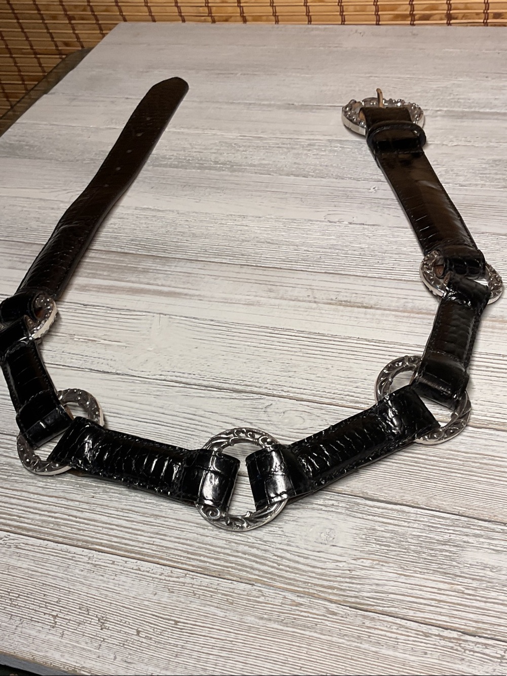Brighton Black Faux Croc Belt with Silver Filigree Rings